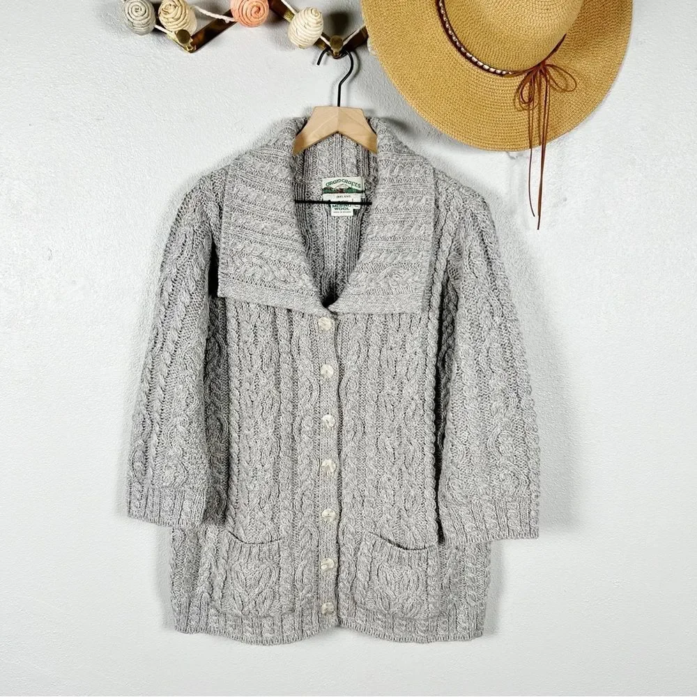 Aran Craft Ireland Merino Wool Fisherman Cable Knit Cardigan Sweater Gray Large